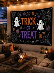 1件裝黑色萬聖節 Trick Or Treat 幽靈印花牆掛布，萬聖節風格聚酯纖維長方形掛旗，含蜘蛛網、糖果與南瓜元素，適用臥室、宿舍、派對、鬼屋與秋季裝飾 - 多色 - 查看 9