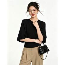 Commuter Versatile Round Neck Pleated Batwing Sleeve Knit Sweater Solid Color Woven Knit Top Home Daily Date Summer - Black - View 3