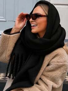 1pc Women Winter Plaid Scarf Thick Warm Tassel Long Shawl Wrap Cozy Oversized Fashion Scarves - Black - View 1