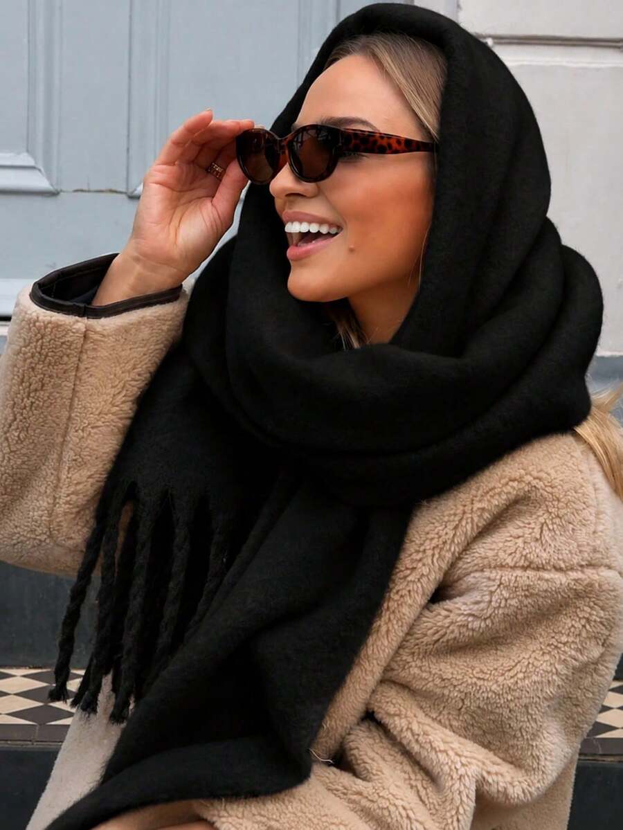 1pc Women Winter Plaid Scarf Thick Warm Tassel Long Shawl Wrap Cozy Oversized Fashion Scarves - Black - View 1