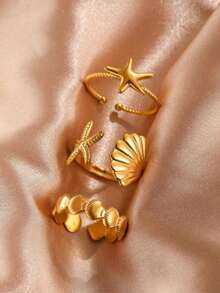 3pcs Ocean Vacation Style Stainless Steel Starfish Ring Set, Suitable For Daily Wear, Party, Gathering, Holiday Gift - Ring - View 1