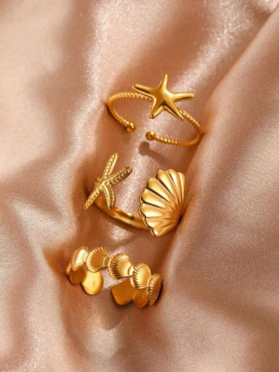 3pcs Ocean Vacation Style Stainless Steel Starfish Ring Set, Suitable For Daily Wear, Party, Gathering, Holiday Gift - Ring - View 1