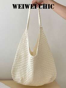 Breathable Mesh Crochet Shoulder Bag, Wide Integrated Strap Simple Solid Color Versatile Summer Seaside Carry Purse - Apricot - View 4