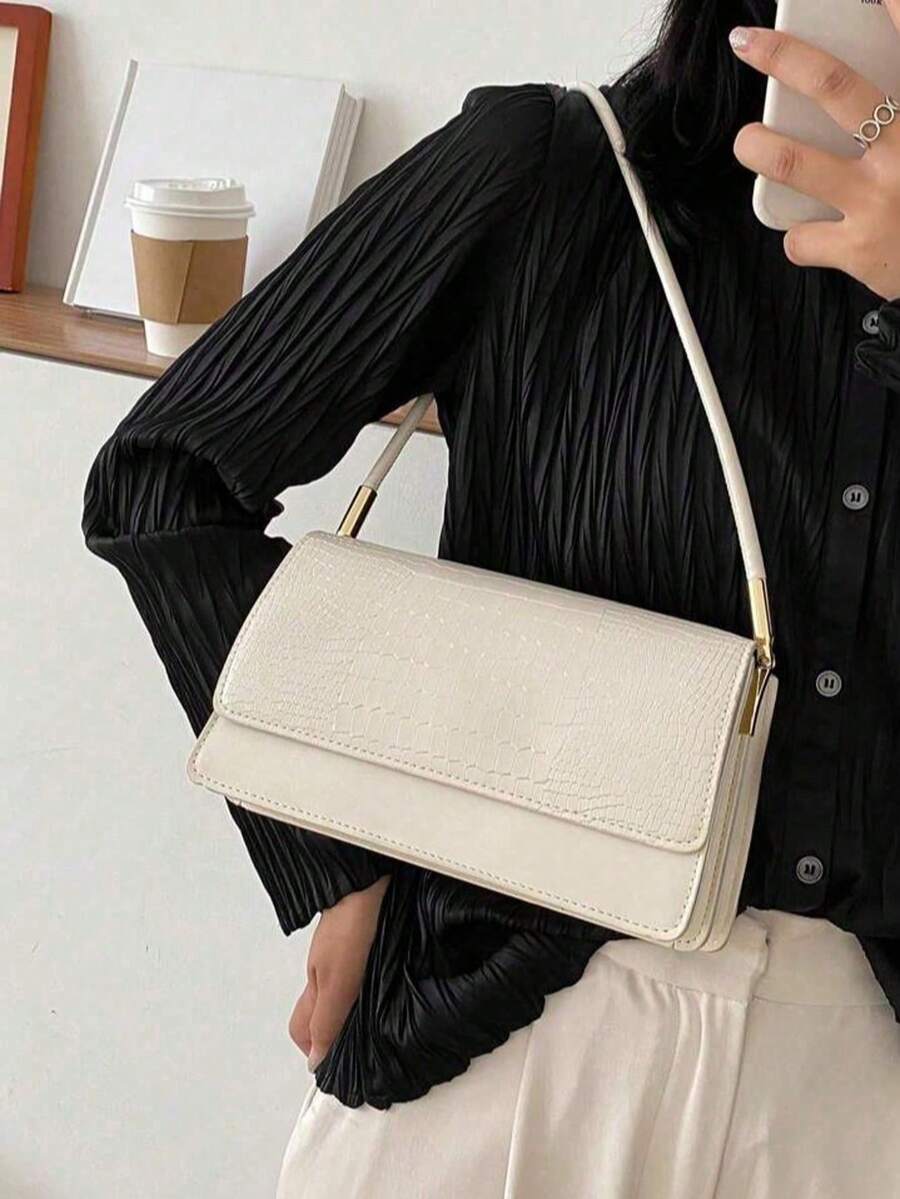 Fashion Crocodile Embossed Flap Bag Shoulder Bag - White - View 1