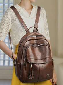Tas Ransel Kulit PU Berkualitas Tinggi untuk Wanita, Kapasitas Besar, Tas Bahu Sekolah untuk Remaja Putri, Tas Ransel Perjalanan Desainer - Coffee Brown - View 10