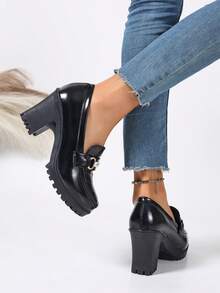 2026 Spring/Autumn New Women's High Heel Slip-On Pumps With Chunky Heel, Fashion Buckle Work Shoes For Women - Black - View 5