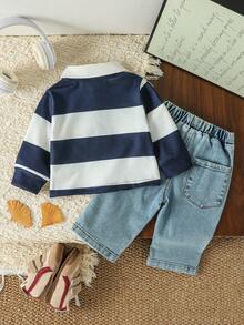 Baby Boy Striped Pattern Print Polo Collar Long Sleeve Sweatshirt And Denim Jeans - Blue - View 2