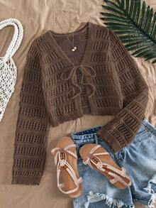 Crochet Hollow Out Cropped Cardigan Women Lightweight Open Front Knit Cover Up Beach Vacation Summer Daily Casual Outfit - Brown - View 6