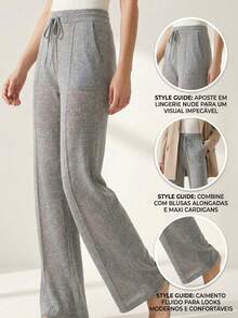 High-Waisted Wide-Leg Pants With Crease, Plain Wool, For Winter. - Light Grey - View 2