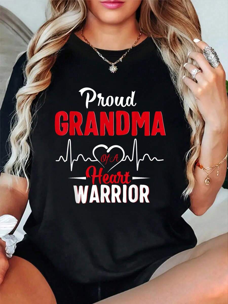 100% Cotton Proud Grandma Of A Heart Warrior CHD Awareness Shirt Gift T-Shirt Classic Comfort Shirt For Women Graphic Tee Fashion Vacation Tops - Black - View 1