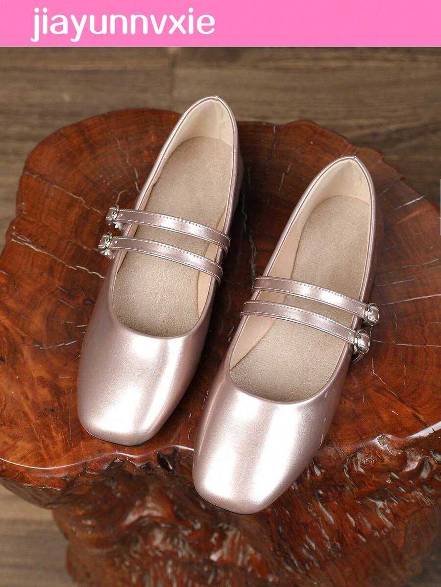 Women's Vintage Mary Jane Flats With Double Strap, Suitable For All Seasons - Champagne Gold - View 1
