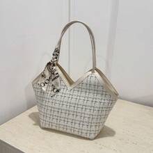 Sac cabas d'épaule en tweed avec décoration de nœud, léger et portable, style décontracté et mode, motif à carreaux, écharpe fine décorative, pour filles, femmes et étudiantes - Blanc - Voir 9
