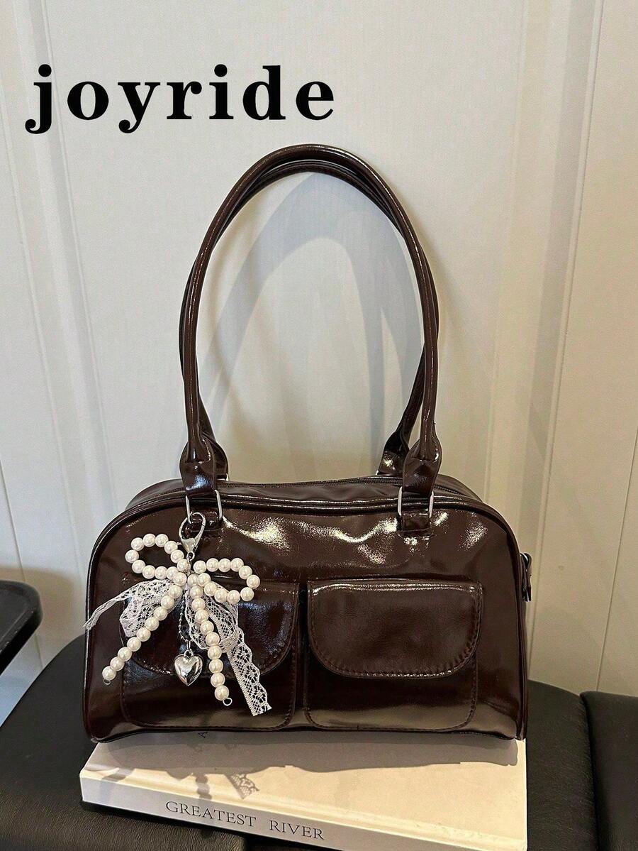 1pc Minimalist Retro Zipper Decor Dual Handle Women Daily Casual Commute Handbag - Coffee - View 1
