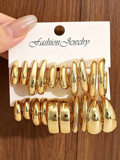 Plated Teardrop C Shape Hoop Earrings Set, Chunky Smooth Open Curved Huggie Hoops Earrings, Minimalist Vintage Metal Ear Jewelry For Women Daily Gift