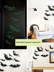 48 piezas Pegatinas de pared de murciélagos que brillan en la oscuridad para Halloween, calcomanías de murciélagos 3D realistas y aterradoras de color negro fluorescente, adecuadas para decoración del hogar espeluznante, decoración de fiesta de Halloween, pegatinas de pared DIY, decoración interior de baño - Ver 9