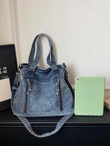 Tas Tote Jeans Cuci Kasual Chic Baru, Gaya Vintage, Kapasitas Besar, Tas Bahu Tunggal dengan Tali yang Dapat Dilepas dan Banyak Kantong, Tas Selempang - Biru - View 9