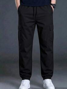 Pantalon cargo ample pour hommes, design robuste à plusieurs poches, style avec lien à la cheville, tenue décontracté à la mode pour le printemps et l'automne - Noir - Voir 4