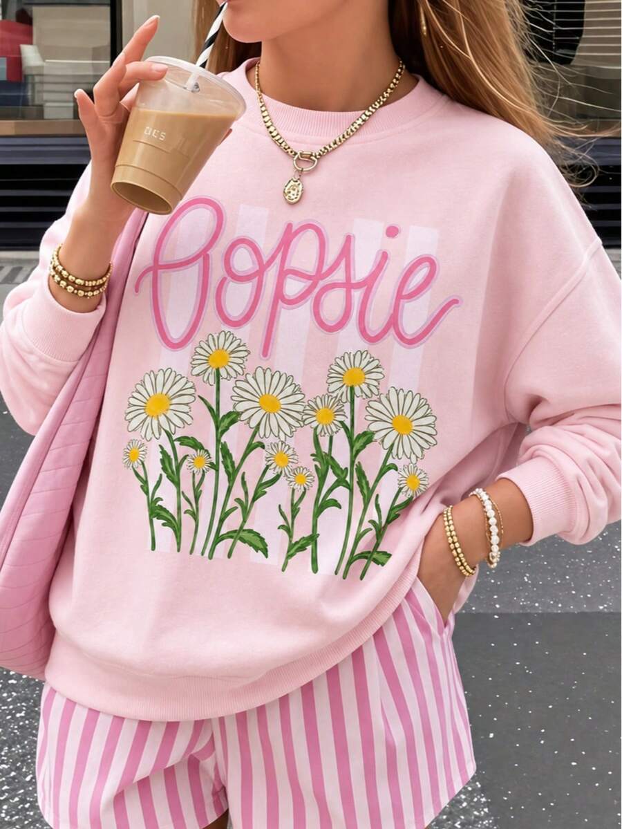 淺粉色雛菊「Bopsie」印花長袖套頭運動衫,圓領,中等彈性,大尺碼上衣,休閒度假風 - 粉色 - 查看 1
