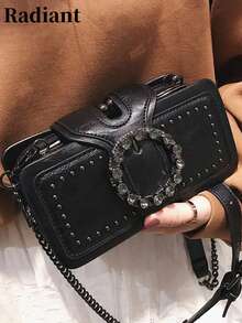 Women's Crossbody Bag, Rectangular Rivet Design, Faux Leather Crystal Buckle, Vintage Style, Casual Daily Party - Black - View 6