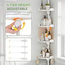 360° Rotating Shower Caddy Tension Pole With 4-Tier Rustproof Lazy Susan 35-128 Inch No Drilling Coner Shelves Adjustable Shower Rack For Bathroom Bathtub Washbasin Plant Storage - White - View 6