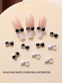 Black And White Bow Nail Art Decorations, 10pcs Set, Includes Rhinestone 3D Bow Press-On Decor, 3D Oil Drop Nail Gems, Charming Nail Accessories, Nail Supplies For Women And Girls, Suitable For Nail Art Creation, Nail Set, Nail Technician Supplies, Nail Art, Nail Charm - Multicolor - View 2