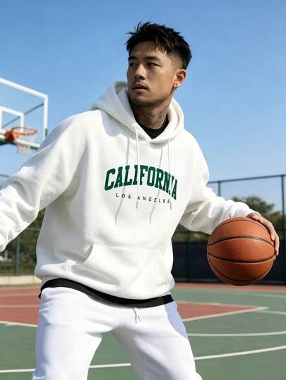 JUNQi California Los Angeles Letter Print Sweatshirt, Vintage Collegiate Style Drawstring Pullover, Lightweight Comfortable Basketball Style Casual Everyday Wear