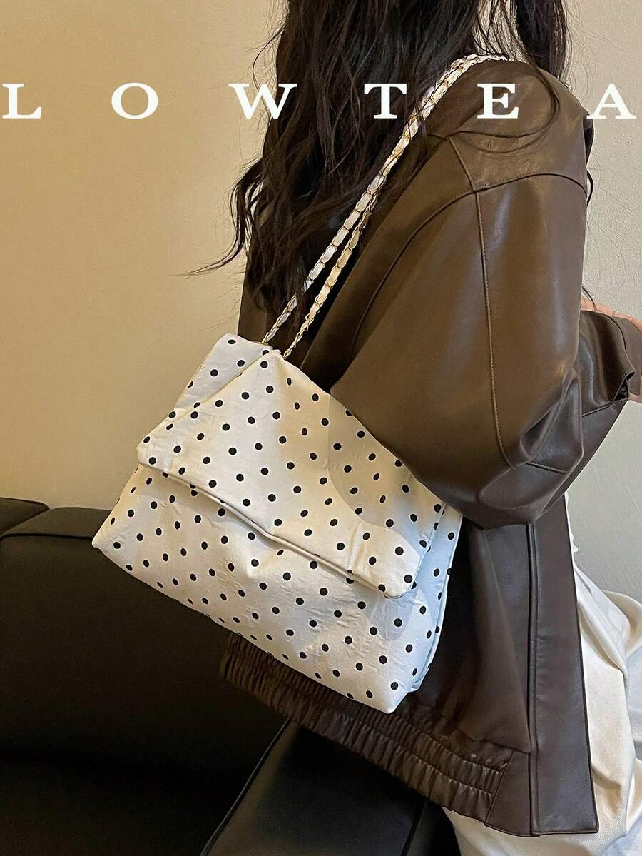 low tea 1件女款時尚對比色方型肩背包，頂部單手柄設計，翻蓋式開合，滿版波點圖案，可作為肩背包或斜挎包使用，適合旅行、購物、約會，女性禮物，通勤、戶外、旅行、出遊完美選擇