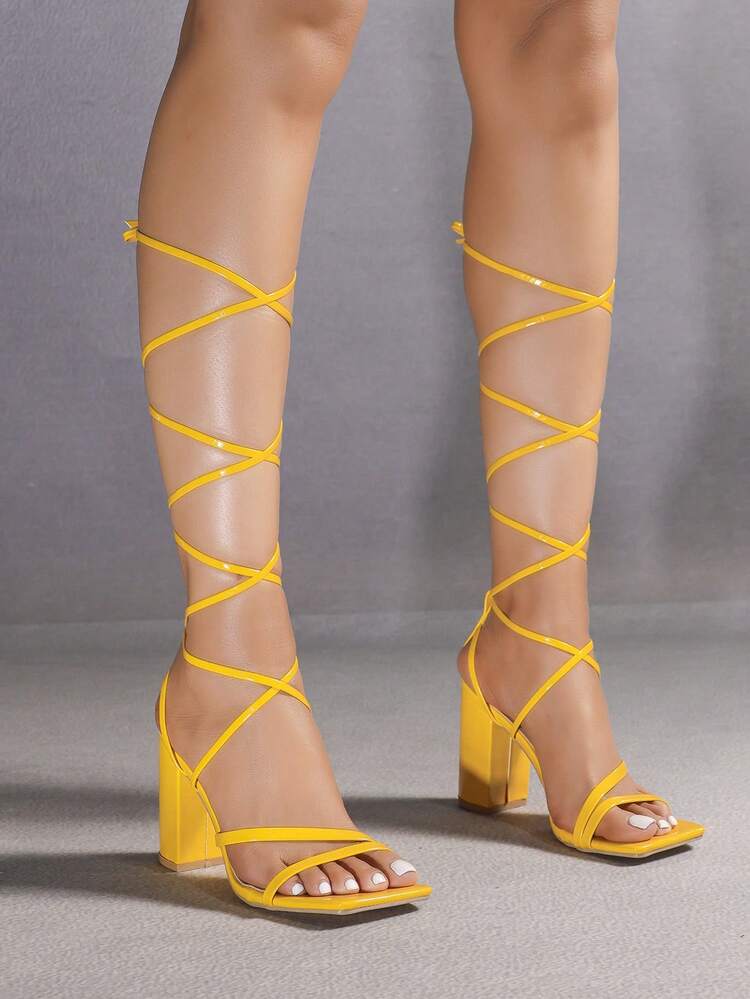 Spring/Summer Women Criss Cross Tie Leg Chunky Heeled Sandals