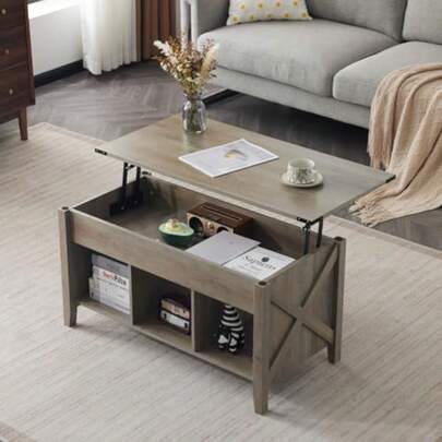 Farmhouse Lift Top Coffee Table, Rustic Grey With Storage Shelf/Hidden Compartment, Mesa De Centro Para Sala, Rustic Brown Grey, 40" L