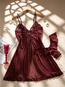 Temptuelle 2pcs Plus Size Women Lace & Mesh Patchwork V-Neck Camisole Lingerie Set, Suitable For Home Wear & Sexy Intimates - Redwood - View 2