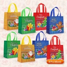 CARRIECUR Knit Pattern Christmas Reusable Non-Woven Tote Gift Bags, 4 Designs Santa Xmas Tree Gingerbread Gift Box Print Multicolor Handle Goodie Bags For Christmas Gift Wrapping, Xmas Party Favors, Winter Birthday & Retail Holiday Packaging Supplies - View 14