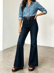 Women's Autumn Dark Wash Wide Leg Jeans, With Pockets, Long Length, Medium Stretch, Flare Leg, Creating Casual Elegant Look Fall - Dark Wash - View 5