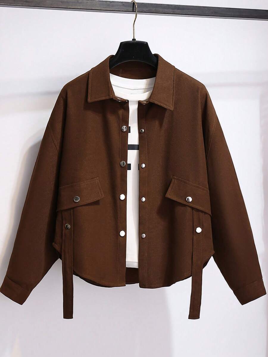 Atasan Wanita Lengan Panjang Longgar Kasual Model Baru Musim Gugur Model Shacket Warna Cokelat Kopi - Coffee Brown - View 1
