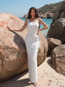New Sexy Spaghetti Strap Square Neck Backless High-End Rhinestone Floral Design Solid Color Slim Fit Flattering Long Bridesmaid Dress - White - View 1