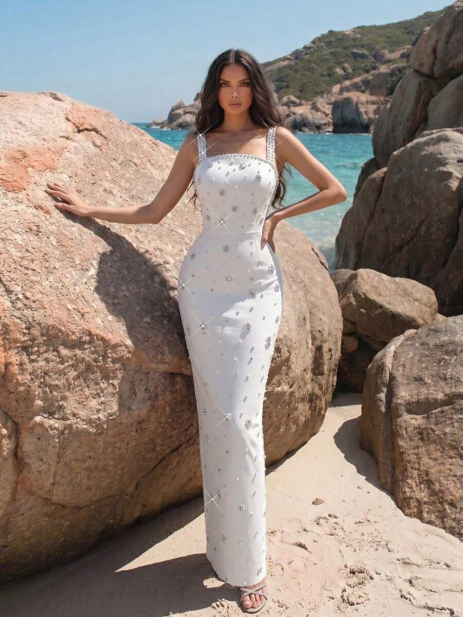 New Sexy Spaghetti Strap Square Neck Backless High-End Rhinestone Floral Design Solid Color Slim Fit Flattering Long Bridesmaid Dress - White - View 1