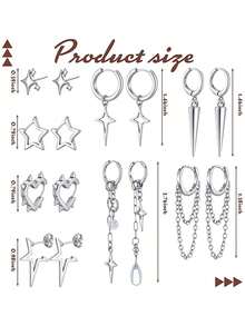 1/8 Pairs Neutral Gothic Decadent Emo Punk Y2K Korean Style Tassel Chain Water Drop Star Moon Pendant Huggie Earrings Gift - Silver - View 2