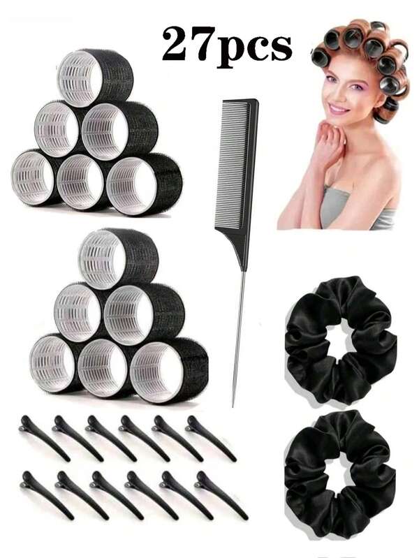 27pcs/Set Slouchy Self-Adhesive Hair Roller Set/Includes Self-Adhesive Hair Rollers And 2 Hair Bands - Suitable For Women And Girls/Reusable/Daily Essential/Save Time And Effort/Create Multiple Hairstyles/Suitable For Holidays And Parties