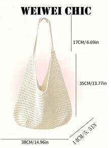 Breathable Mesh Crochet Shoulder Bag, Wide Integrated Strap Simple Solid Color Versatile Summer Seaside Carry Purse - Apricot - View 2