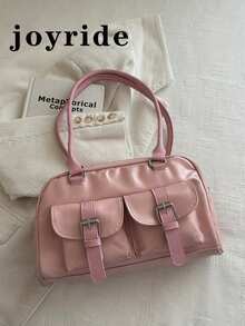 1pc Minimalist Retro Zipper Decor Dual Handle Women Daily Casual Commute Handbag - Watermelon Pink - View 1