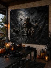 1pc Halloween Skeleton Swarm Backdrop, Full Moon, Flying Bats, Glowing Eyes And Reaching Bone Hand Print Polyester Rectangular Background Cloth With 4 Grommets For Porch, Photo Booth, Haunted House, Horror Party And Fall Decor - Multicolor - View 10