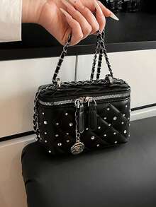 1pc Solid Color Small Square Handbag, Fashionable Box Bag, PU Leather Material, Pearl Decoration, Daily Use Bag, Office, Phone & Lipstick Storage Bag, Suitable For Women, College Students, Office, University, Work, Business, Commute - Black - View 11