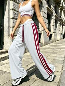 Women's White Wide Leg Drawstring Side Stripe Long Pants, Polyester Non-Stretch Long Pants With Pockets, Suitable For Casual Autumn Wear - Light Grey - View 1