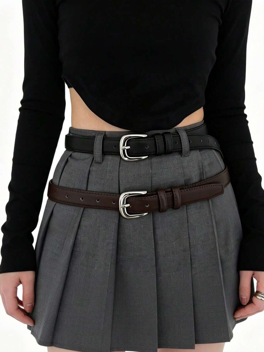 Women's Simple Yet Sophisticated Bright Silver Buckle Leather Belt, Student Youth Decorative Korean Style Waistband - Buckle - View 1