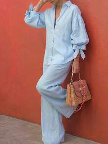 Women's Light Blue Linen Blend 2 Pieces Set, Puff Sleeve Blouse And Wide Leg Pants, Suitable For Elegant Guest Look - Baby Blue - View 3