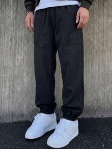 1pc Teen Boys' Drawstring Cuffed Pants, Minimalist Back To School Fashion Long Pants - Black - View 4