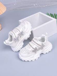 1 Pair Girls' Rhinestone Butterfly Sneakers, Toddler Hook And Loop Versatile Princess Style Thick Sole Casual Shoes, Mesh Breathable Princess Style Chunky Sneakers, Soft Sole Non-Slip Hook And Loop Children's Casual Shoes - White - View 6
