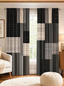 2pcs Modern Geometric Plaid Print Decorative Curtains, No-Drill Rod Pocket Design, Easy Installation And Removable, Polyester Material, Suitable For Living Room, Bedroom And Nordic Home Decor - Multicolor - View 6