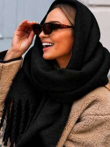 1pc Women Winter Plaid Scarf Thick Warm Tassel Long Shawl Wrap Cozy Oversized Fashion Scarves - Black - View 2