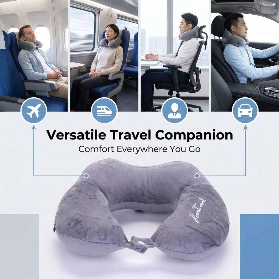 Bantal Leher Perjalanan Berbentuk U, Bantal Penopang Leher untuk Tulang Belakang Servikal, Bantal Perjalanan Pesawat, Bantal Leher untuk Dewasa, Penggunaan di Mobil - Grey - View 1
