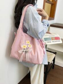 清新花卉時尚單肩托特包，休閒大容量學生包，多巴胺可愛蝴蝶結女款包 - 粉色 - 查看 4